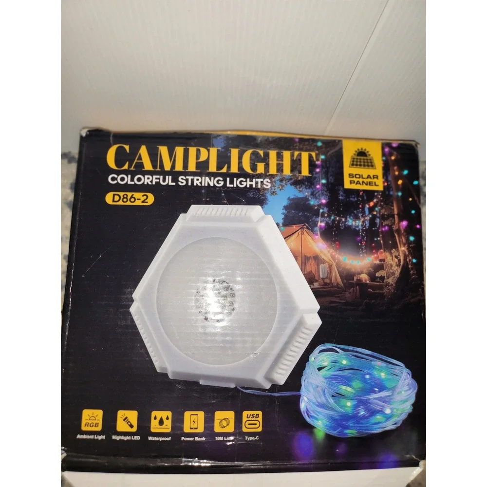 Camplight D86-2 Solar String Lights 49.2ft RGB LED Camping Lantern Power Bank